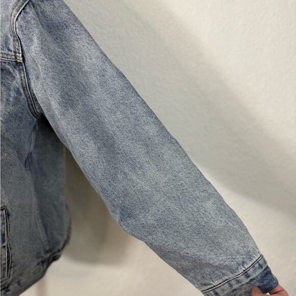 We The Free Wild Ones Sherpa Lined trucker denim jacket Casual Cozy Boho Leopard - Picture 5 of 10